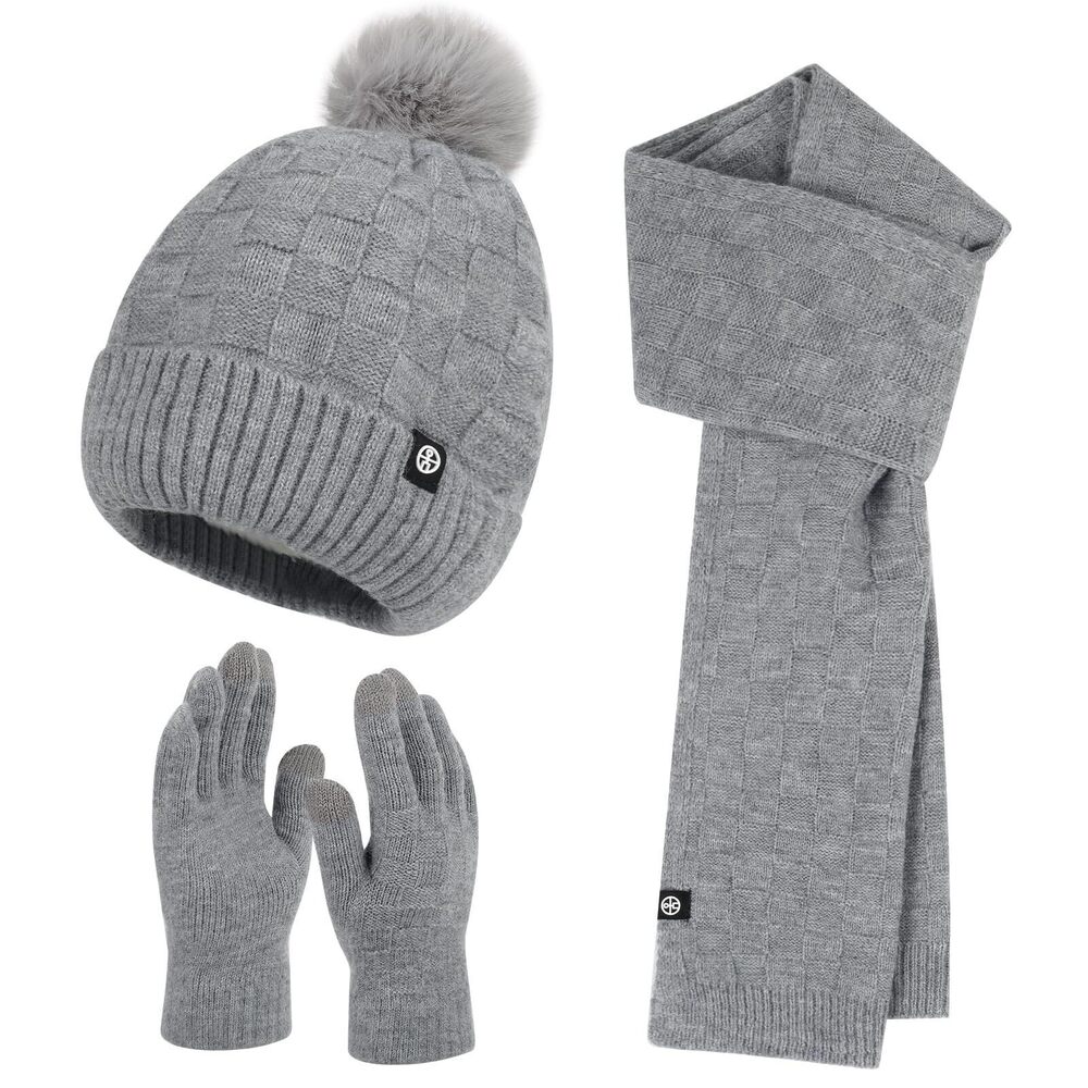 3482 Winter Hat Gloves Scarf Set Knitted Touchscreen Glove Long Scarves